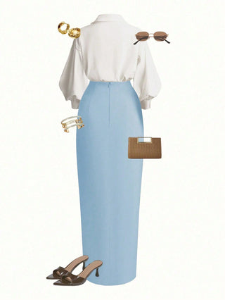Wrap Long Sleeve Top And Tie-Waist Skirt