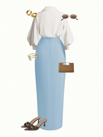 Wrap Long Sleeve Top And Tie-Waist Skirt