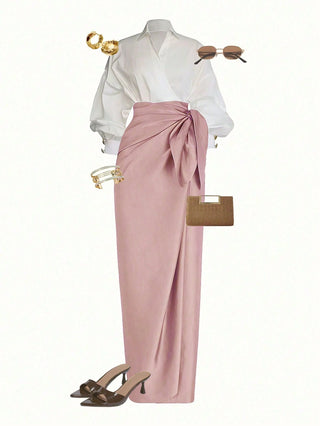 Wrap Long Sleeve Top And Tie-Waist Skirt