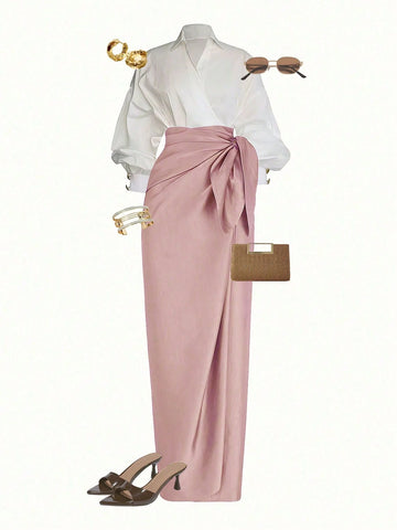 Wrap Long Sleeve Top And Tie-Waist Skirt