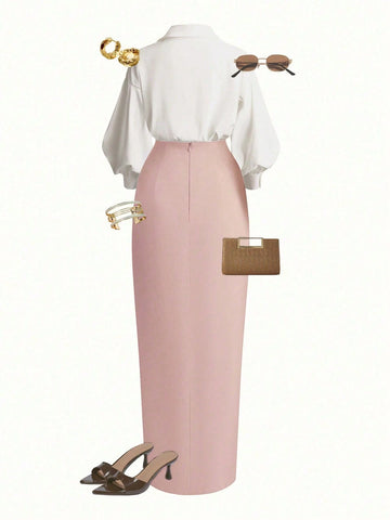 Wrap Long Sleeve Top And Tie-Waist Skirt