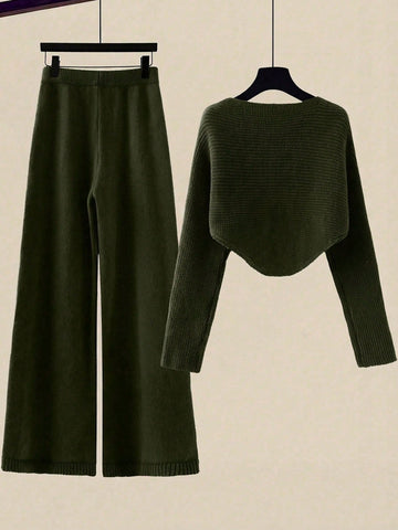 Women's Solid Color Wrap Sweater And Knit Pants