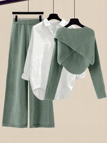 Women's Solid Color Wrap Sweater And Knit Pants