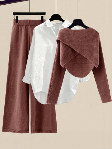 Women's Solid Color Wrap Sweater And Knit Pants