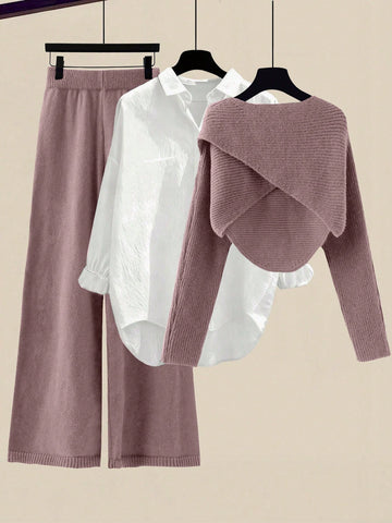 Women's Solid Color Wrap Sweater And Knit Pants