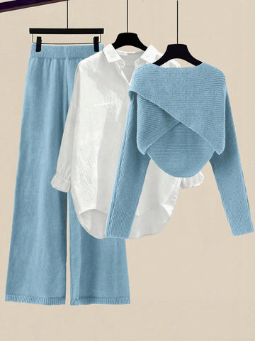 Women's Solid Color Wrap Sweater And Knit Pants