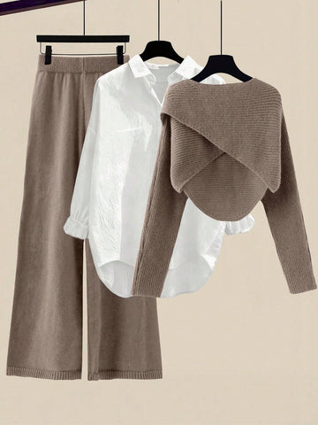 Women's Solid Color Wrap Sweater And Knit Pants