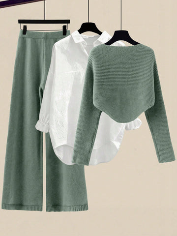 Women's Solid Color Wrap Sweater And Knit Pants