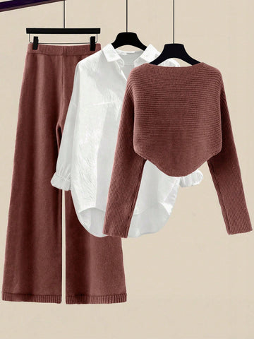 Women's Solid Color Wrap Sweater And Knit Pants