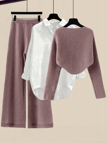 Women's Solid Color Wrap Sweater And Knit Pants