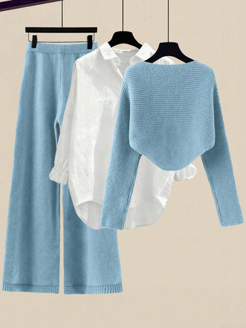 Women's Solid Color Wrap Sweater And Knit Pants