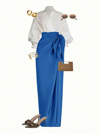 Wrap Long Sleeve Top And Tie-Waist Skirt