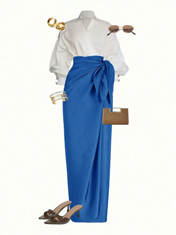 Wrap Long Sleeve Top And Tie-Waist Skirt
