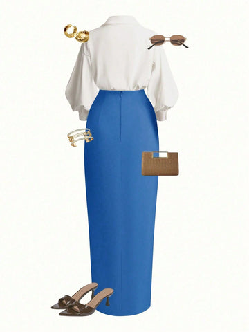 Wrap Long Sleeve Top And Tie-Waist Skirt