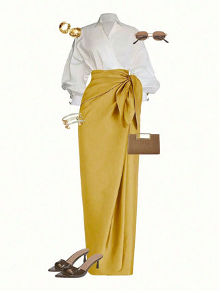 Wrap Long Sleeve Top And Tie-Waist Skirt