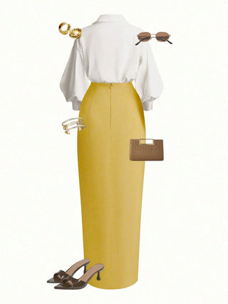Wrap Long Sleeve Top And Tie-Waist Skirt