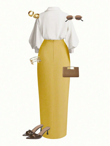 Wrap Long Sleeve Top And Tie-Waist Skirt