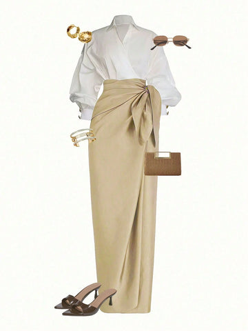 Wrap Long Sleeve Top And Tie-Waist Skirt