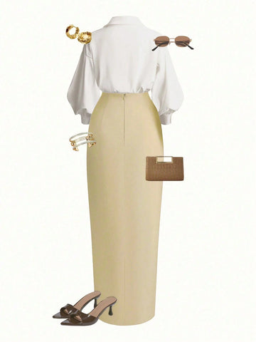 Wrap Long Sleeve Top And Tie-Waist Skirt