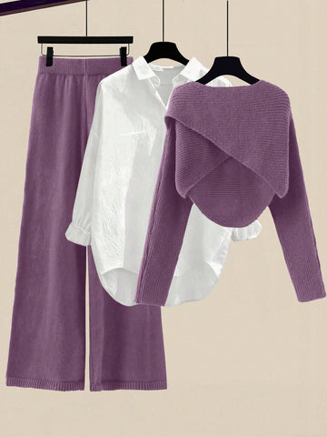 Women's Solid Color Wrap Sweater And Knit Pants