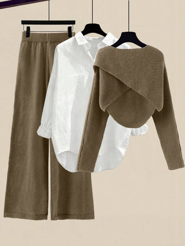 Women's Solid Color Wrap Sweater And Knit Pants