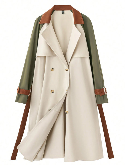 Women's Solid Color Patchwork Front Button Casual Long Sleeve Trench Coat