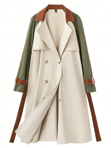 Women's Solid Color Patchwork Front Button Casual Long Sleeve Trench Coat