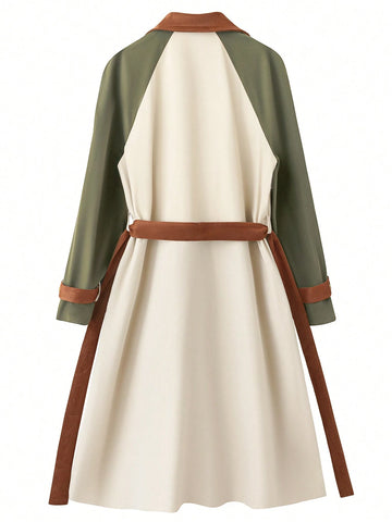 Women's Solid Color Patchwork Front Button Casual Long Sleeve Trench Coat