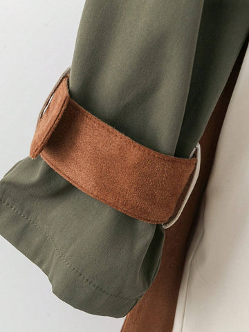 Women's Solid Color Patchwork Front Button Casual Long Sleeve Trench Coat