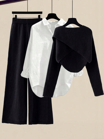 Women's Solid Color Wrap Sweater And Knit Pants