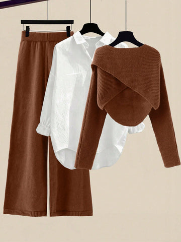 Women's Solid Color Wrap Sweater And Knit Pants