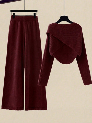 Women's Solid Color Wrap Sweater And Knit Pants