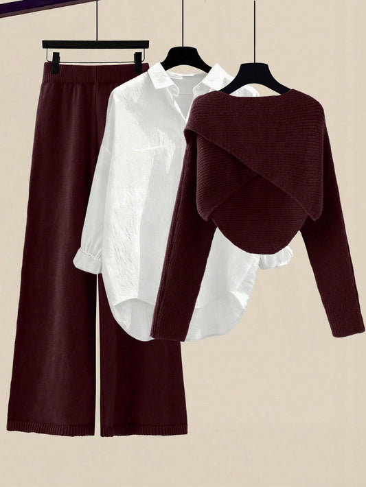 Women's Solid Color Wrap Sweater And Knit Pants