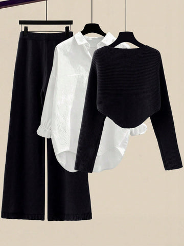 Women's Solid Color Wrap Sweater And Knit Pants