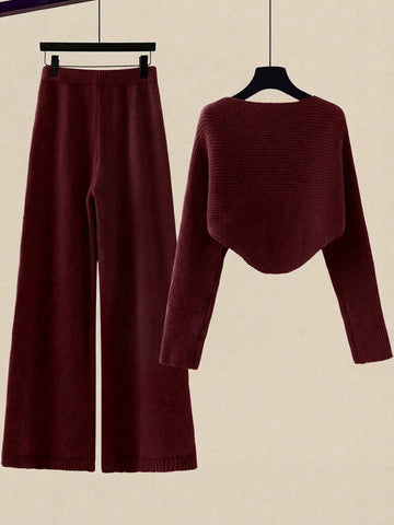 Women's Solid Color Wrap Sweater And Knit Pants