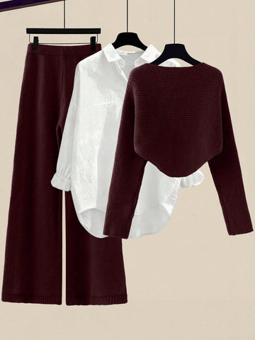 Women's Solid Color Wrap Sweater And Knit Pants