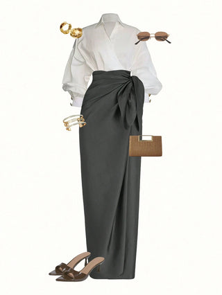 Wrap Long Sleeve Top And Tie-Waist Skirt