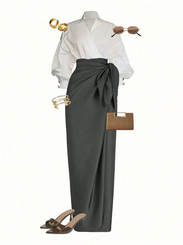 Women's Wrap Long Sleeve Top And Tie-Waist Skirt Elegant 2 Pieces Set