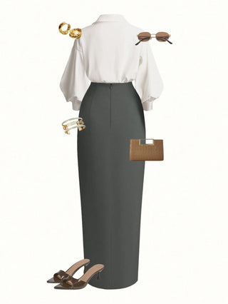 Wrap Long Sleeve Top And Tie-Waist Skirt