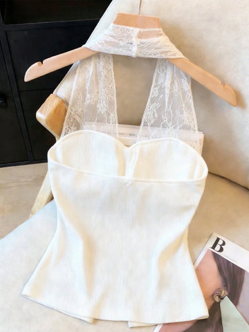 Jacquard Lace Patchwork Backless Design Button Front Elegant Sleeveless Top