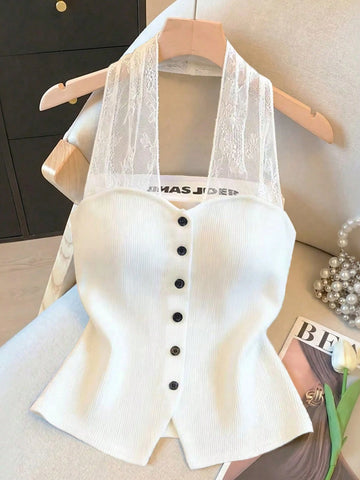 Jacquard Lace Patchwork Backless Design Button Front Elegant Sleeveless Top