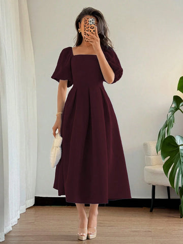 Solid Color Ruffle Hem Big A-Line Puff Sleeve Short Sleeve Dress