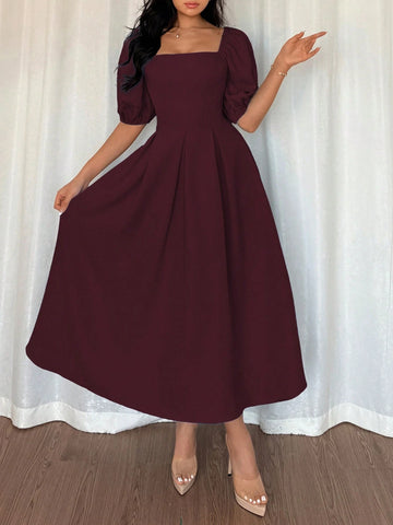 Solid Color Ruffle Hem Big A-Line Puff Sleeve Short Sleeve Dress