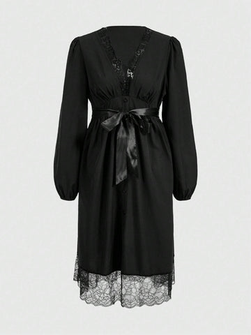 Goth Contrast Lace Belted Dress