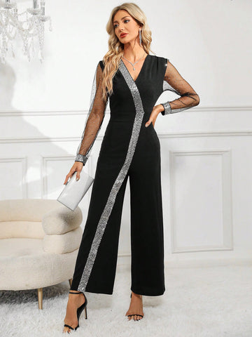 Gownix Contrast Mesh Sleeve Contrast Sequin Wide Leg Jumpsuit
