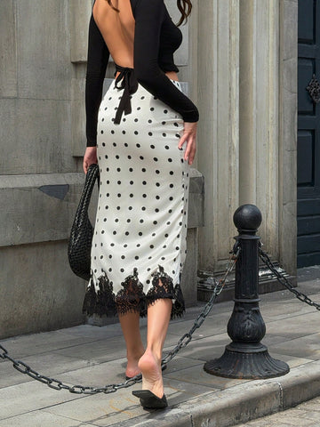 Vintage Satin Polka Dot Contrast Lace Versatile Women Skirt