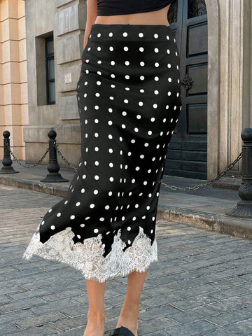 Vintage Satin Polka Dot Contrast Lace Versatile Women Skirt
