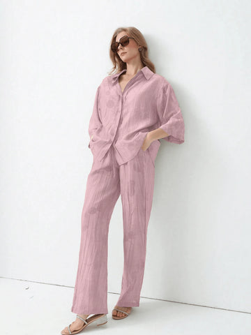 Women's New Tie-Dye Casual Vacation Lapel Shirt With Drawstring Waist High Waist Pants Set