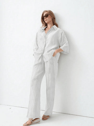Women's New Tie-Dye Casual Vacation Lapel Shirt With Drawstring Waist High Waist Pants Set