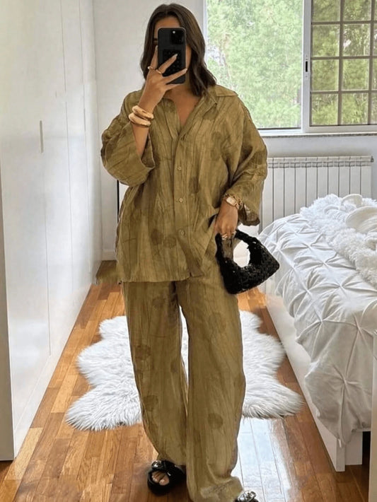 Women's New Tie-Dye Casual Vacation Lapel Shirt With Drawstring Waist High Waist Pants Set